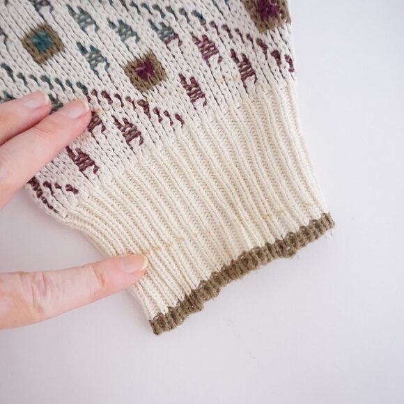 VTG Expressions Ivory Cotton Patterned Knit Retro Cabincore Eclectic Sweater L - Picture 12 of 12